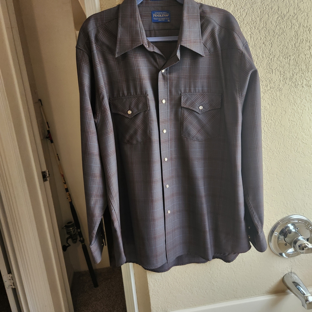 Pendleton Men's Western Dark Grey Rust Plaid Pearl Button Down Shirt